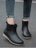 Huge Discount Women Black Stitch Detail Contrast Elastic Band Boots, Round Toe Rain Boots For Daily