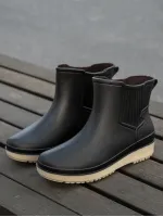 Huge Discount Women Black Stitch Detail Contrast Elastic Band Boots, Round Toe Rain Boots For Daily
