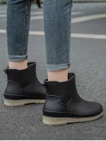 Huge Discount Women Black Stitch Detail Contrast Elastic Band Boots, Round Toe Rain Boots For Daily