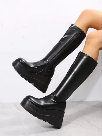 Women's Fashionable Simple Design Elevated Wedge Heel Thick Sole Boots For Outdoor Wear
