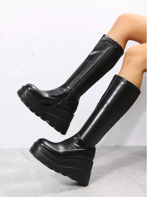 Women's Fashionable Simple Design Elevated Wedge Heel Thick Sole Boots For Outdoor Wear