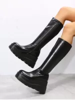 Women's Fashionable Simple Design Elevated Wedge Heel Thick Sole Boots For Outdoor Wear