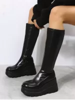 Women's Fashionable Simple Design Elevated Wedge Heel Thick Sole Boots For Outdoor Wear